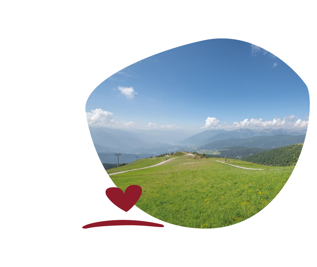 Eine große grüne Bergwiese mit Blick auf ein Bergpanorama unter blauen Himmel.