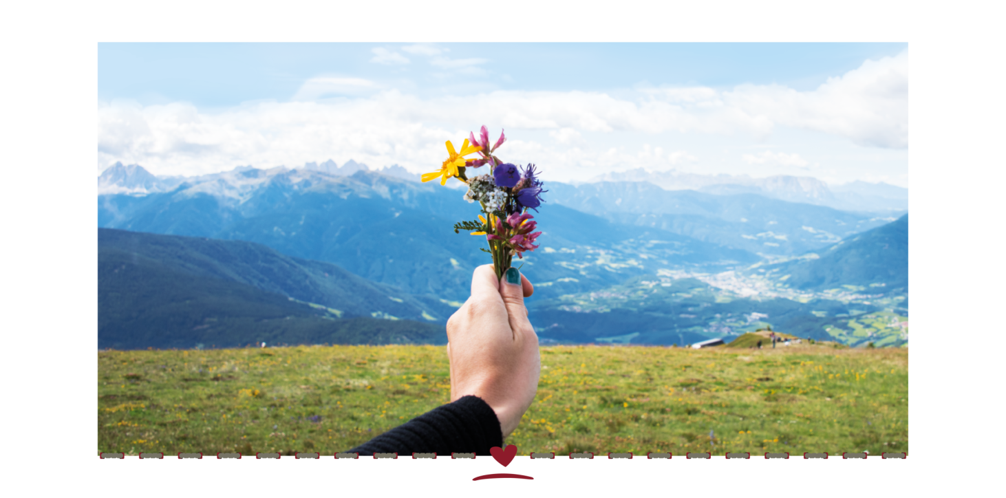 Hand holding a small bouquet of colourful flowers. In the background, a view of the valley and mountains under a blue sky.