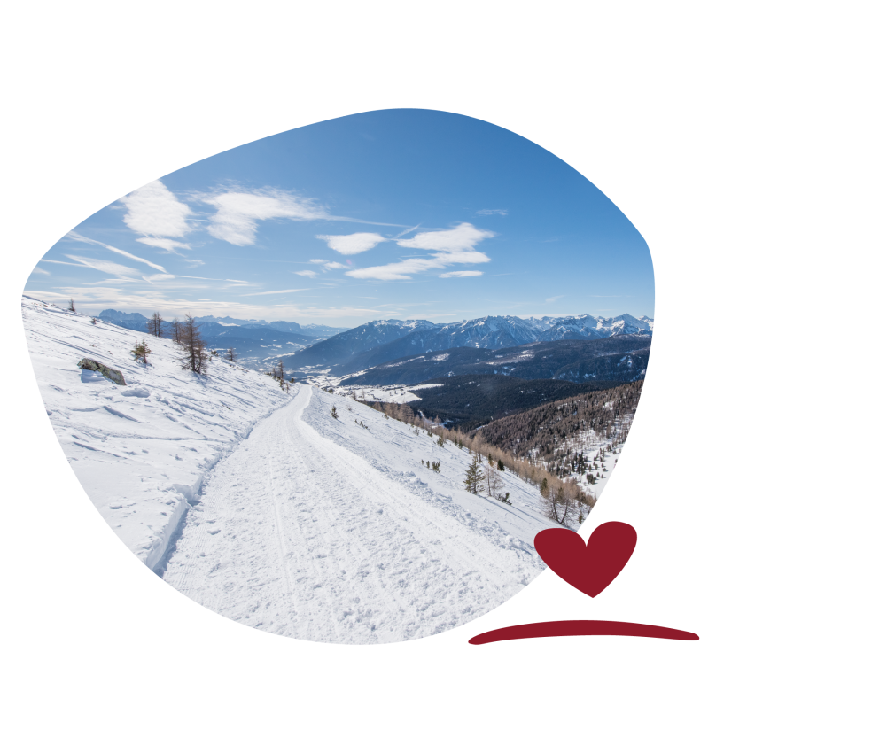 Snow-covered path on a mountain with scattered trees and mountains in the background under a blue sky with clouds.