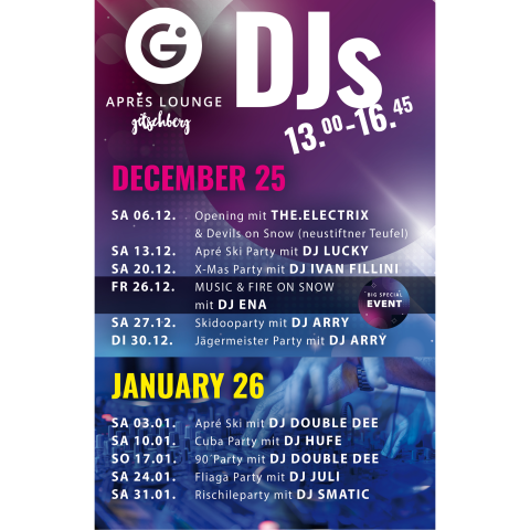 Flyers for upcoming events in December 2025 and January 2026 at the Après-Lounge G-Punkt.